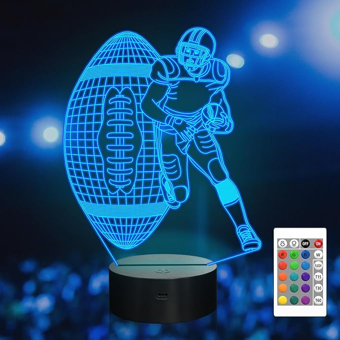 Attivolife Football Player 3D Nightlight, Rugby Illusion LED Lamp with Remote & Touch Control, 16 Colors Changing Dimmable, Great Bedside Decor Birthday GIft for Outsports Lover Children Kids Boys - LeafyLoom