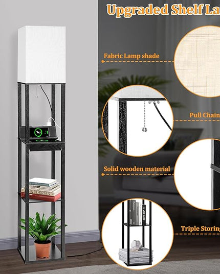 Dott Arts 【Upgraded】 Floor Lamp with Shelves,Shelf Floor Lamps for Living Room with Wireless Charger - LeafyLoom