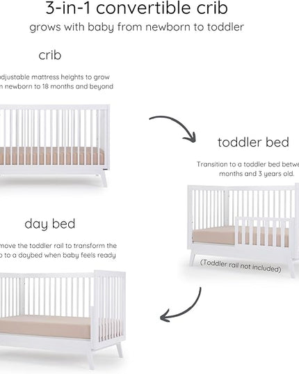 dadada Baby Soho 3-in-1 Convertible Crib to Toddler Bed – Wooden Crib Made in Italy, GREENGUARD Gold Certified Small Baby Crib – Baby-Safe Finish, Modern Design (White) - LeafyLoom