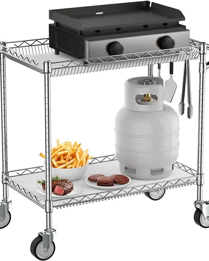 2 Tier Outdoor Grill Table, Heavy Duty 900LBS Grill Cart on Wheels, NSF Certified Grill Stand with Handle for Blackstone Griddle, Ninja Grill, Pizza Oven Table for Outside BBQ, Chrome - LeafyLoom