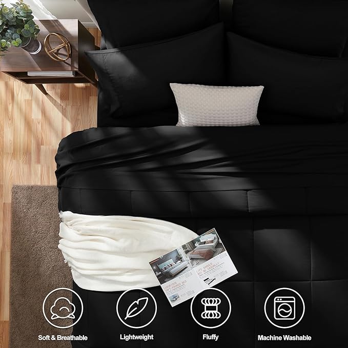 CozyLux King Size Comforter Set - 7 Pieces Bed in a Bag Set Black, King Bedding Set with All Season Quilted Comforter, Flat Sheet, Fitted Sheet, Pillowcases - LeafyLoom