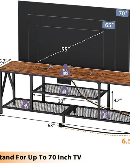 Furologee TV Stand with Power Outlets for 65 70 inch TV, Entertainment Center with Open Storage Shelves, Long 63'' TV Media Console Table with Soundbar Shelf for Living Room, Bedroom, Rustic Brown - LeafyLoom