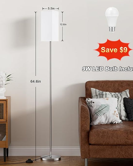 Ambimall Remote Control Floor Lamp, Stepless Dimmable, 64 Inches Tall, Include 9W Bulb, Standing Lamp for Living Room Bedroom Office (White & Sliver) - LeafyLoom