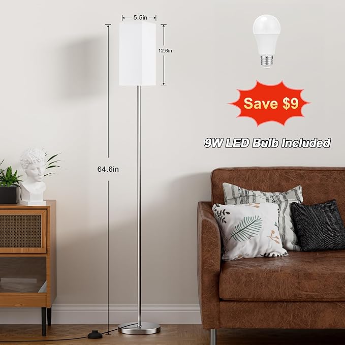 Ambimall Remote Control Floor Lamp, Stepless Dimmable, 64 Inches Tall, Include 9W Bulb, Standing Lamp for Living Room Bedroom Office (White & Sliver) - LeafyLoom