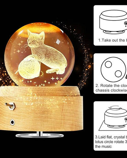 Best Mothers Day Gifts for Mom Women Wife Girlfriend Grandma, 3D Cat No.2 Crystal Ball Music Box with LED Night Lamp, Unique Mom Gifts for Birthday Graduation Christmas Valentine's Day Anniversary - LeafyLoom