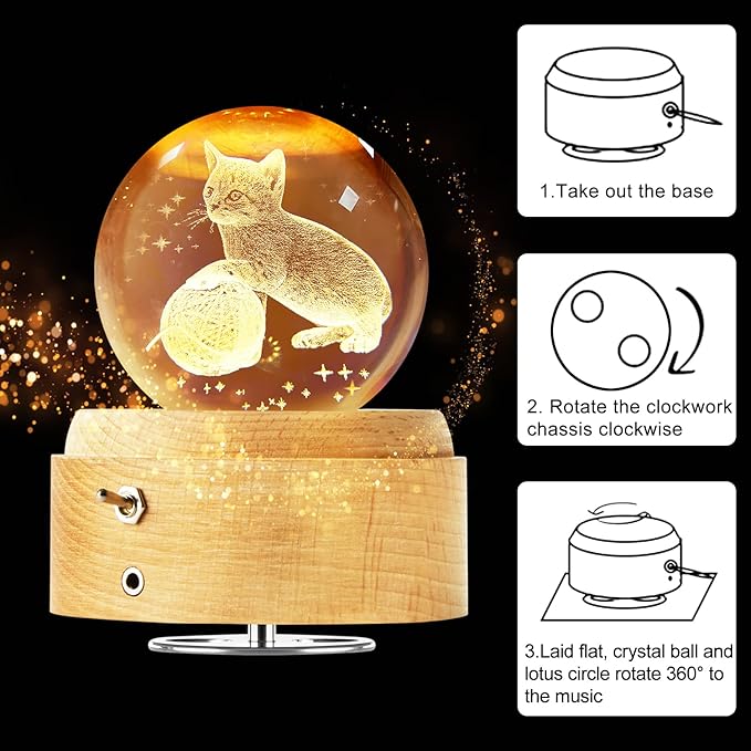 Best Mothers Day Gifts for Mom Women Wife Girlfriend Grandma, 3D Cat No.2 Crystal Ball Music Box with LED Night Lamp, Unique Mom Gifts for Birthday Graduation Christmas Valentine's Day Anniversary - LeafyLoom