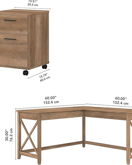 Bush Furniture Key West 60W L Shaped Desk with 2 Drawer Mobile File Cabinet in Reclaimed Pine - LeafyLoom