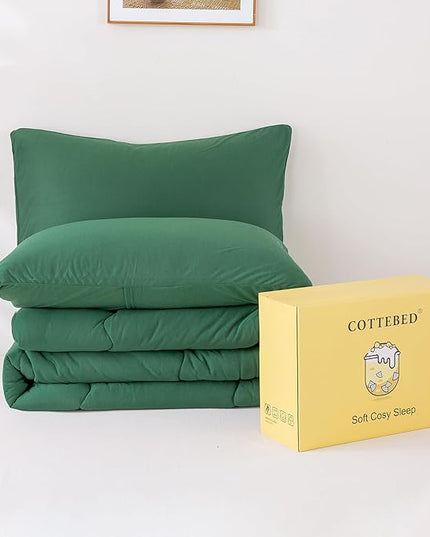COTTEBED Forest Green Comforter Queen Size, Jersey Knit Cotton T-Shirt Feel Ultra-Soft Cute Cozy Lightweight Bedding Blanket Quilt Down Set & Pillowcase All Season Use Emerald Hunter Green,Full/Queen - LeafyLoom