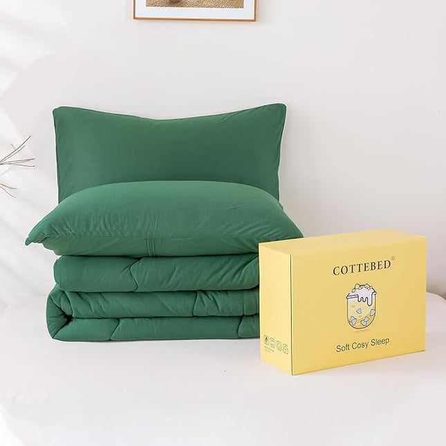 COTTEBED Forest Green Comforter Queen Size, Jersey Knit Cotton T-Shirt Feel Ultra-Soft Cute Cozy Lightweight Bedding Blanket Quilt Down Set & Pillowcase All Season Use Emerald Hunter Green,Full/Queen - LeafyLoom