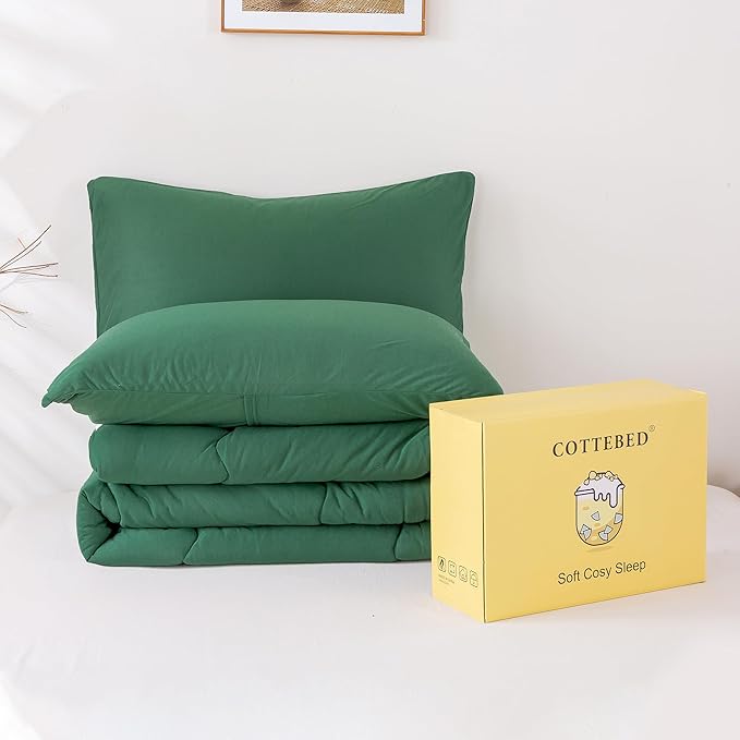 COTTEBED Forest Green Comforter Queen Size, Jersey Knit Cotton T-Shirt Feel Ultra-Soft Cute Cozy Lightweight Bedding Blanket Quilt Down Set & Pillowcase All Season Use Emerald Hunter Green,Full/Queen - LeafyLoom