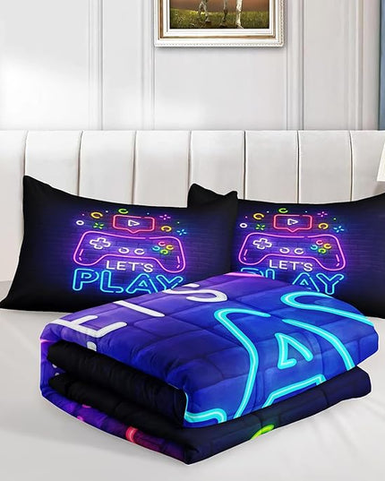 Gamer Comforter Sets Queen,Purple Gaming Bedding Sets for Boys,Gaming Comforter Set,Queen Size Bedding Sets for Boys,Bed in A Bag with Sheets(Queen,Purple Color) - LeafyLoom
