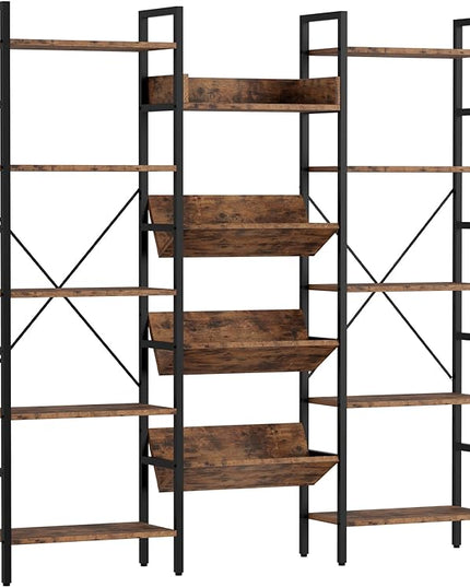 IRONCK Bookcases and Bookshelves Triple Wide 5 Tiers Industrial Bookshelf, Large Etagere Bookshelf Open Record Player Shelves with Metal Frame for Living Room Home Office - LeafyLoom