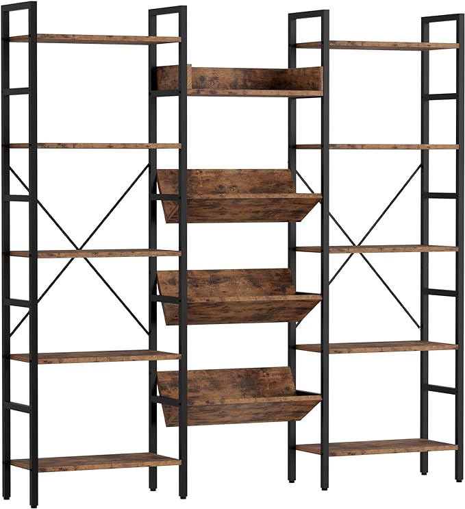 IRONCK Bookcases and Bookshelves Triple Wide 5 Tiers Industrial Bookshelf, Large Etagere Bookshelf Open Record Player Shelves with Metal Frame for Living Room Home Office - LeafyLoom