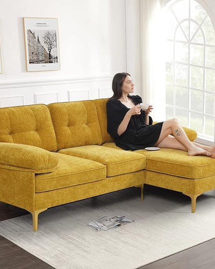 EASELAND 82" L-Shape Sofa with Reversible Chaise Lounge, Convertible Sectional Sofa Couch, Chenille Modern Sofa Couch for Living Room, Apartment and Office, Removable Cover (Yellow) - LeafyLoom