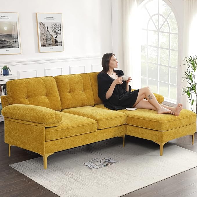 EASELAND 82" L-Shape Sofa with Reversible Chaise Lounge, Convertible Sectional Sofa Couch, Chenille Modern Sofa Couch for Living Room, Apartment and Office, Removable Cover (Yellow) - LeafyLoom
