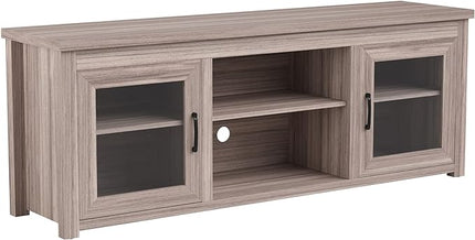 Flash Furniture Sheffield TV Stand for up to 80" TVs - Modern Gray Wash Finish & Full Glass Doors - 65" Engineered Wood Frame - 3 Height Adjustable Shelves - LeafyLoom