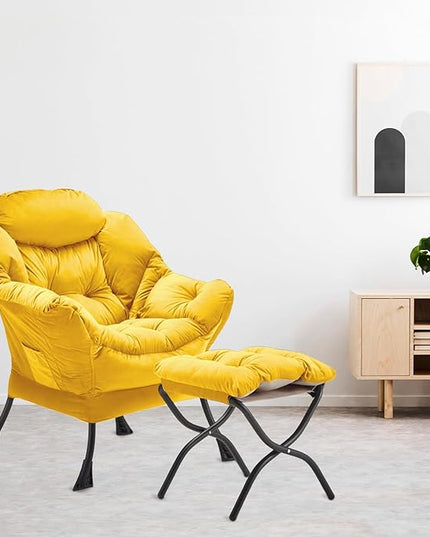 Lazy Chair with Folding Ottoman, Accent Chair Velvet Upholstered with Metal Structure and Non-Slip Pads, Sofa Armchair with Footrest and Side Storage Bag for Dorm, Room, Office, Yellow - LeafyLoom