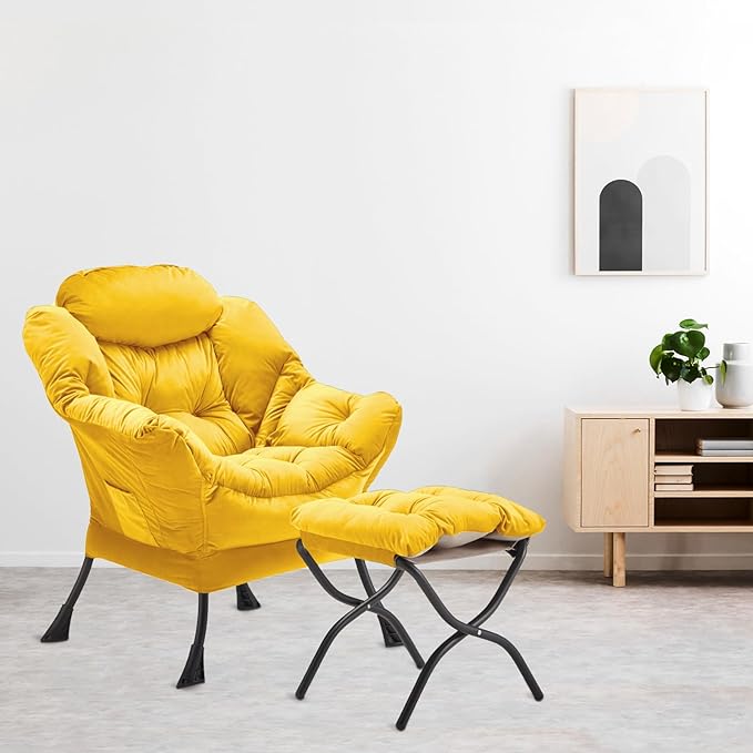 Lazy Chair with Folding Ottoman, Accent Chair Velvet Upholstered with Metal Structure and Non-Slip Pads, Sofa Armchair with Footrest and Side Storage Bag for Dorm, Room, Office, Yellow - LeafyLoom