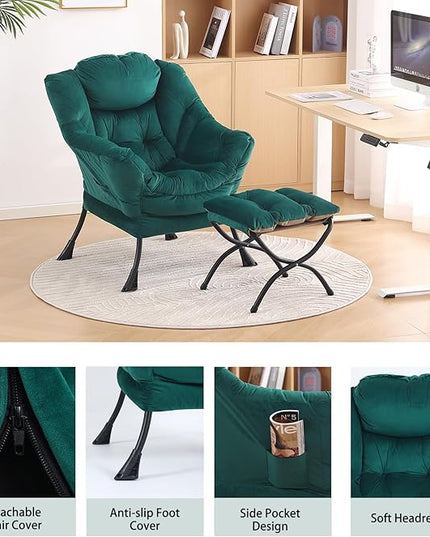 LITA Lazy Chair with Ottoman, Modern Accent Leisure Upholstered Sofa Chair, Contemporary Lounge Reading Chair with Armrests and a Side Pocket for Living Room, Bedroom & Small Space, Dark green - LeafyLoom