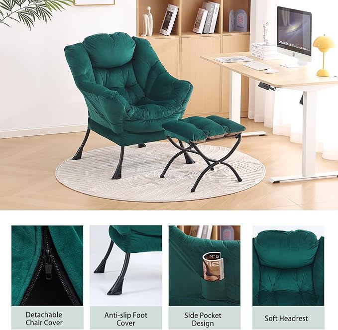 LITA Lazy Chair with Ottoman, Modern Accent Leisure Upholstered Sofa Chair, Contemporary Lounge Reading Chair with Armrests and a Side Pocket for Living Room, Bedroom & Small Space, Dark green - LeafyLoom