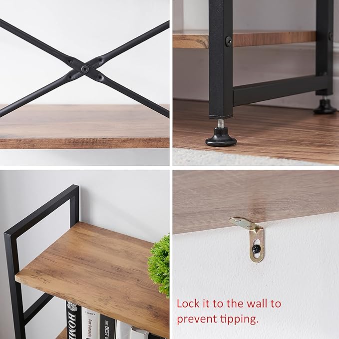 Industrial 4 Tier Bookshelf, Wood Etagere Bookshelves and Bookcase with Metal Frame, Rustic Standing Unit Shelf Display Rack for Living Room/Home Office, Vintage Brown - LeafyLoom