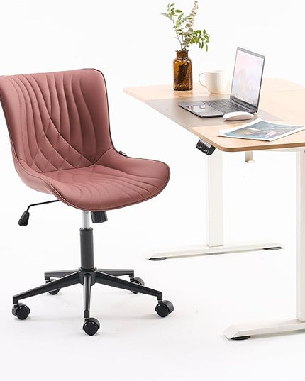 YOUNIKE Office Chair, Armless Desk Chair with Wheels, Home Office Computer Task Chairs, Modern Faux Leather Upholstered Vanity Chair, Adjustable Swivel Rocking Chair with Back, Dusty Rose - LeafyLoom