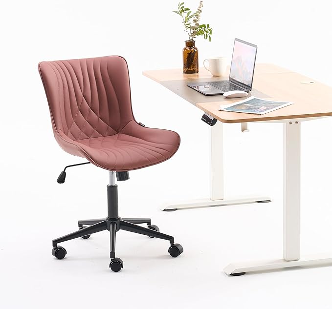 YOUNIKE Office Chair, Armless Desk Chair with Wheels, Home Office Computer Task Chairs, Modern Faux Leather Upholstered Vanity Chair, Adjustable Swivel Rocking Chair with Back, Dusty Rose - LeafyLoom