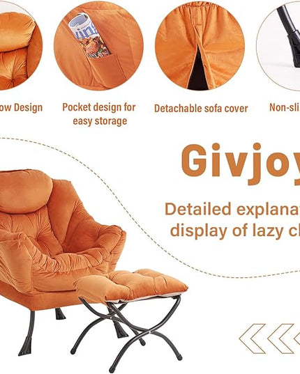 Lazy Chair and Ottoman, Large Accent Lounge Chair with Armrests and a Side Pocket, Modern Leisure Upholstered Sofa Reading Armchair with Footrest for Bedroom, Living Room, Dorm Rooms, Office - LeafyLoom