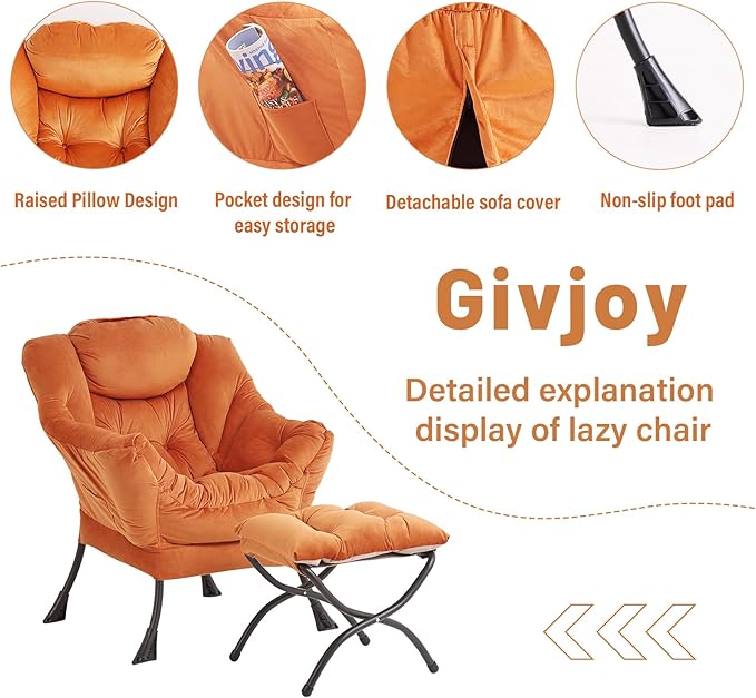 Lazy Chair and Ottoman, Large Accent Lounge Chair with Armrests and a Side Pocket, Modern Leisure Upholstered Sofa Reading Armchair with Footrest for Bedroom, Living Room, Dorm Rooms, Office - LeafyLoom