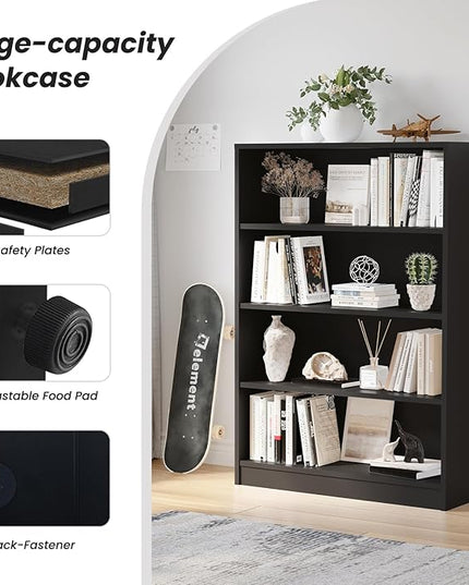 Farini 4 Shelf boockase Display Bookcase Freestanding Wooden Bookshelves for Home Office Living Room,48 Inch Height,Black - LeafyLoom