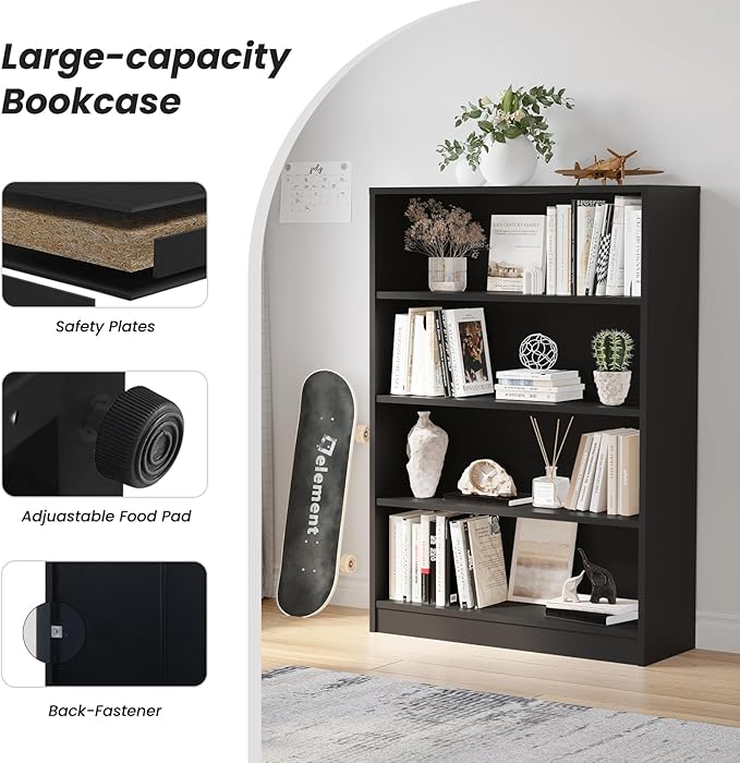 Farini 4 Shelf boockase Display Bookcase Freestanding Wooden Bookshelves for Home Office Living Room,48 Inch Height,Black - LeafyLoom
