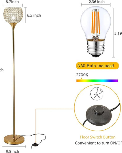 Spherical Crystal Floor Lamp, Gold 8.7 in Shade Elegant Standing Light with Crystal lamp Shade, Modern 61 in Tall Pole Lighting for Living Room, Bedroom, Office, E26 Base, LED Bulb Included - LeafyLoom