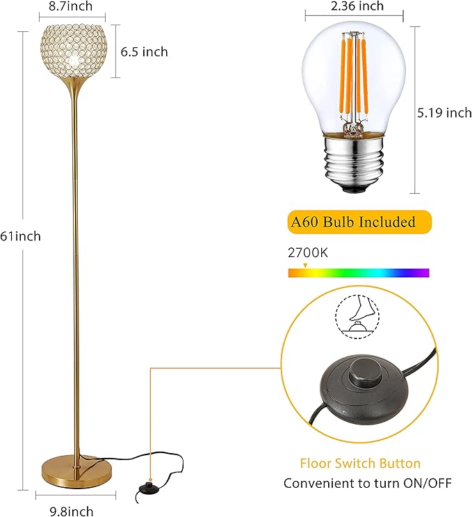 Spherical Crystal Floor Lamp, Gold 8.7 in Shade Elegant Standing Light with Crystal lamp Shade, Modern 61 in Tall Pole Lighting for Living Room, Bedroom, Office, E26 Base, LED Bulb Included - LeafyLoom