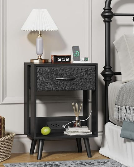 Nightstand with Charging Station and Fabric Drawer, Side Table with Storage for Bedroom, Night Stand with Open Wood Shelf for Bedroom, Bedside Tables - Black - LeafyLoom