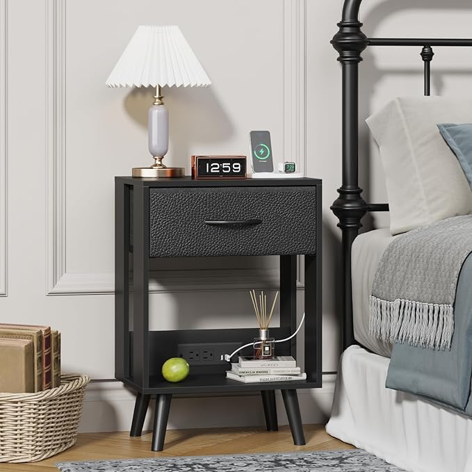 Nightstand with Charging Station and Fabric Drawer, Side Table with Storage for Bedroom, Night Stand with Open Wood Shelf for Bedroom, Bedside Tables - Black - LeafyLoom