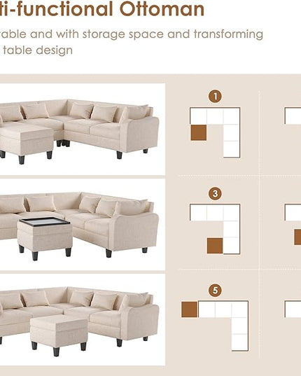 Sectional Sofa with 6 Pillows, Modern L-Shaped Modular Couch Upholstered 6 Seaters Living Room Indoor Furniture Sofa&Couch W/ & Coffee table Storage Ottoman, for Apartment,Various Combinations - LeafyLoom