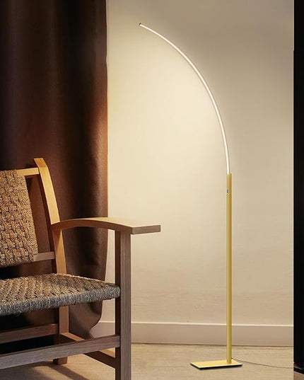 TACAHE Arc Corner Floor Lamp - 3000K Warm White & 3 Brightness Presets - Curved LED Accent Lamp with Touch Switch - 63" Modern Standing Lamp for Bedroom, Living Room - 12W - Gold - LeafyLoom