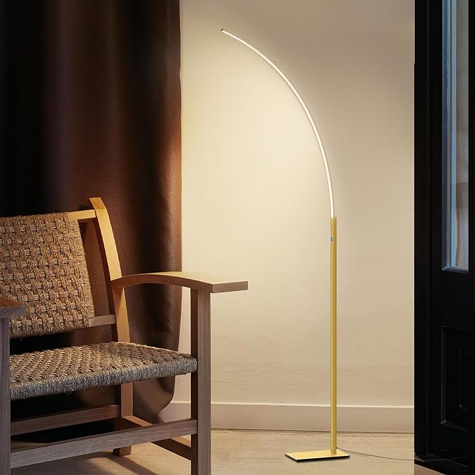 TACAHE Arc Corner Floor Lamp - 3000K Warm White & 3 Brightness Presets - Curved LED Accent Lamp with Touch Switch - 63" Modern Standing Lamp for Bedroom, Living Room - 12W - Gold - LeafyLoom