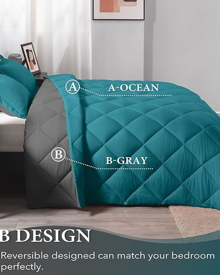 downluxe Twin Comforter Set - Ocean and Grey Twin Comforter, Soft Bedding Sets for All Seasons -2 Pieces - 1 Comforter (66"x92") and 1 Pillow Sham(20"x26") - LeafyLoom