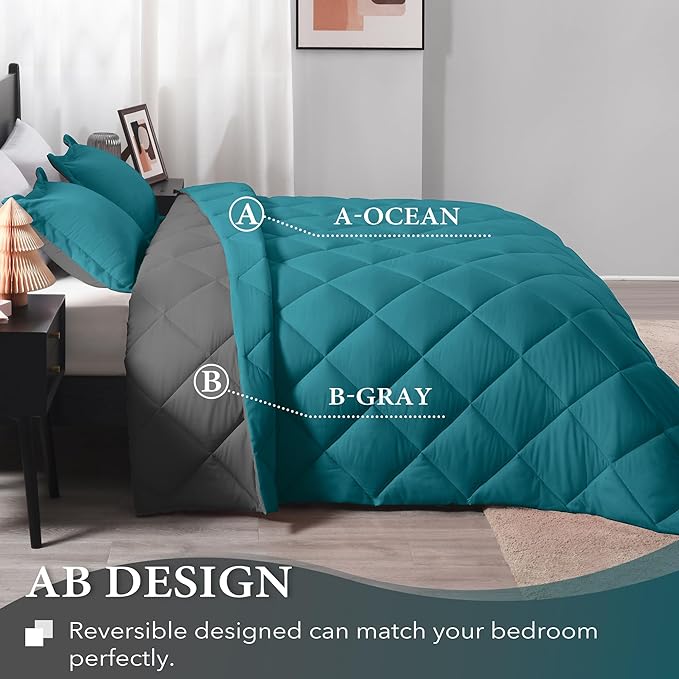 downluxe Queen Comforter Set - Ocean and Grey Queen Comforter, Soft Bedding Sets for All Seasons -3 Pieces - 1 Comforter (88"x92") and 2 Pillow Shams(20"x26") - LeafyLoom