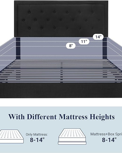 Allewie Queen Size Bed Frame Upholstered Platform Bed with Adjustable Headboard, Button Tufted, Wood Slat Support, Easy Assembly, Black - LeafyLoom
