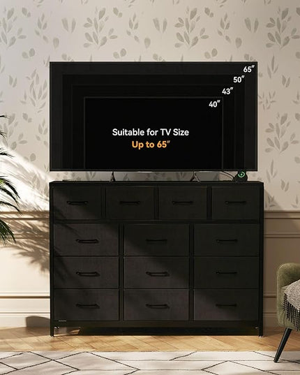ODK Dresser with Charging Station, 57-Inch Long Dresser TV Stand for Bedroom, Large Dresser with 13 Storage Drawers, Chest of Drawers Easy-Pull Fabric Dressers for Living Room, Black - LeafyLoom