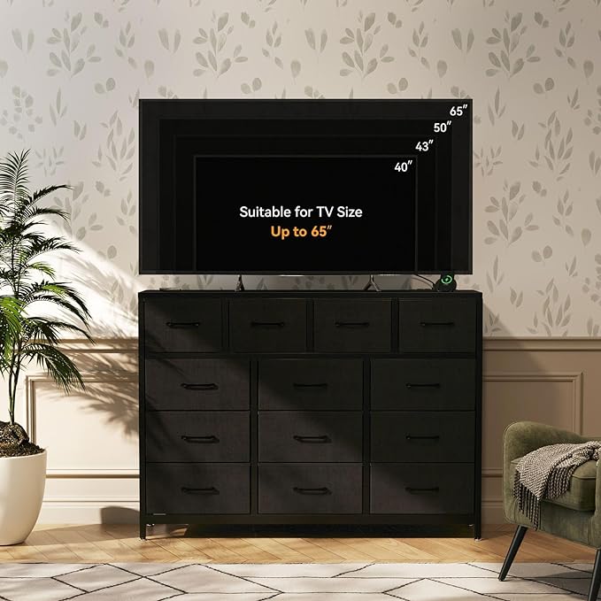 ODK Dresser with Charging Station, 57-Inch Long Dresser TV Stand for Bedroom, Large Dresser with 13 Storage Drawers, Chest of Drawers Easy-Pull Fabric Dressers for Living Room, Black - LeafyLoom
