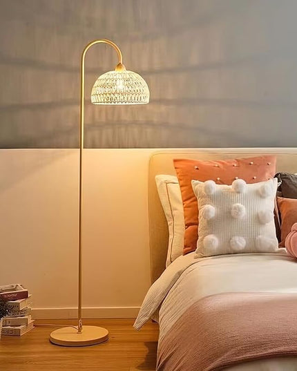 Boho Rattan floor lamp with Natural Rattan Shade, Rustic Arc Standing Lamp for Coastal, Beach or Bohemian Style Decor, E26 bulb, On/Off Footswitch Lamp for living room, Bedroom - LeafyLoom