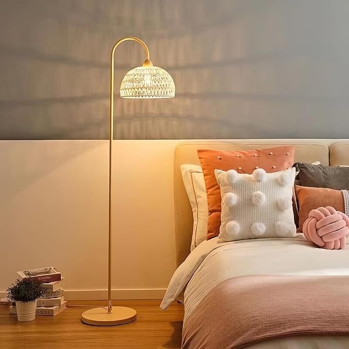 Boho Rattan floor lamp with Natural Rattan Shade, Rustic Arc Standing Lamp for Coastal, Beach or Bohemian Style Decor, E26 bulb, On/Off Footswitch Lamp for living room, Bedroom - LeafyLoom