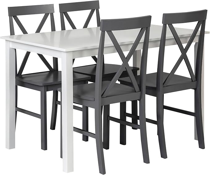 Walker Edison 4 Person Modern Farmhouse Wood Small Dining Table Dining Room Kitchen Table Set Dining 4 X Chairs Set, 48 Inch, White and Grey - LeafyLoom