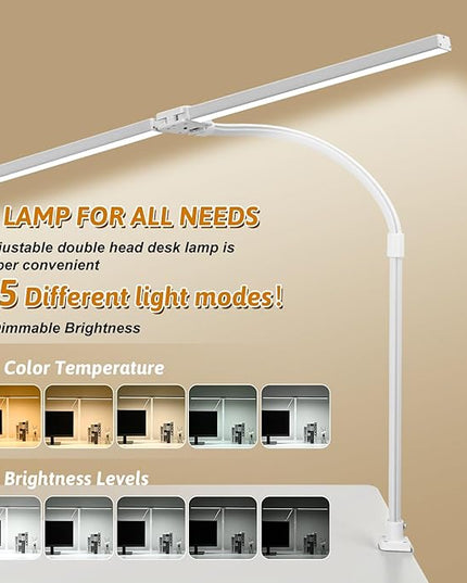 Double Head LED Desk Lamp with Anti-Glare Cover Computer Desk Lamp for Home Office 24W Brightest Desk Light Office Lamp for Workbench Drafting Architect with Clamp and Base - LeafyLoom