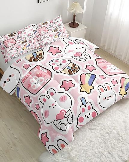 CVHOUSE Kawaii Bedding Queen Size,Kawaii Rabbit Bedding Set for Girls Kids,Cute Rabbit Comforter Set Kawaii Rabbit Duvet Set Rabbit Pattren Quilt Set Girls Room Decor 3 Pieces - LeafyLoom