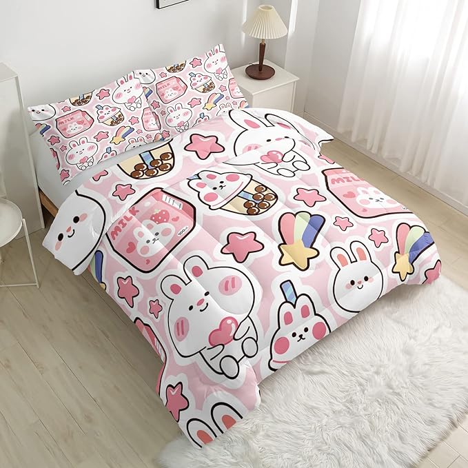 CVHOUSE Kawaii Bedding Queen Size,Kawaii Rabbit Bedding Set for Girls Kids,Cute Rabbit Comforter Set Kawaii Rabbit Duvet Set Rabbit Pattren Quilt Set Girls Room Decor 3 Pieces - LeafyLoom