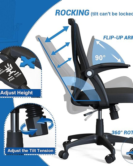 KOLLIEE Mid Back Mesh Office Chair Ergonomic Swivel Black Mesh Computer Chair Flip Up Arms with Lumbar Support Adjustable Height Task Chair - LeafyLoom